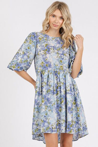 Flower Linen Blend Blue Mini Dress